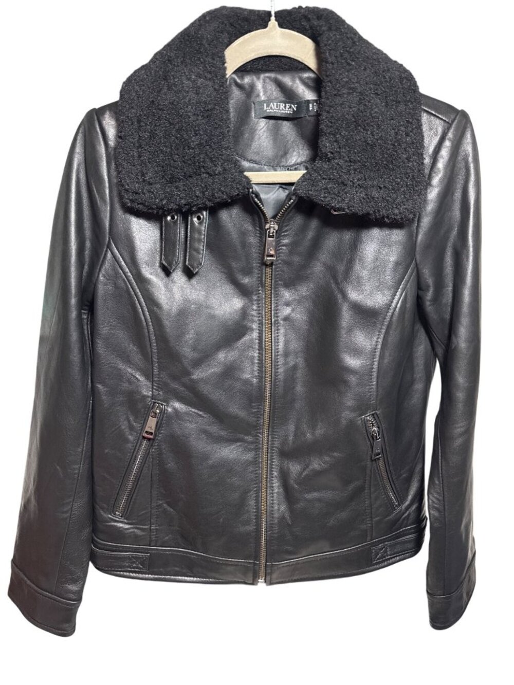 NWT Lauren Ralph Lauren Black Lambskin Leather Coat Faux Fur S MSRP $440